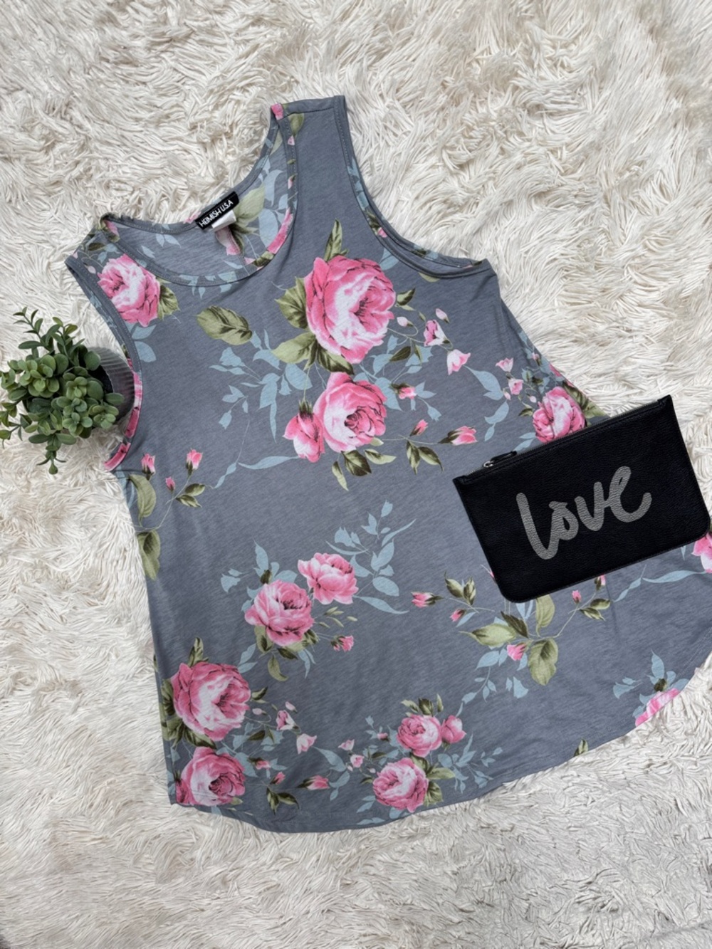 Heimish Tank Top with Rose Print 💗 Gray & Pink
